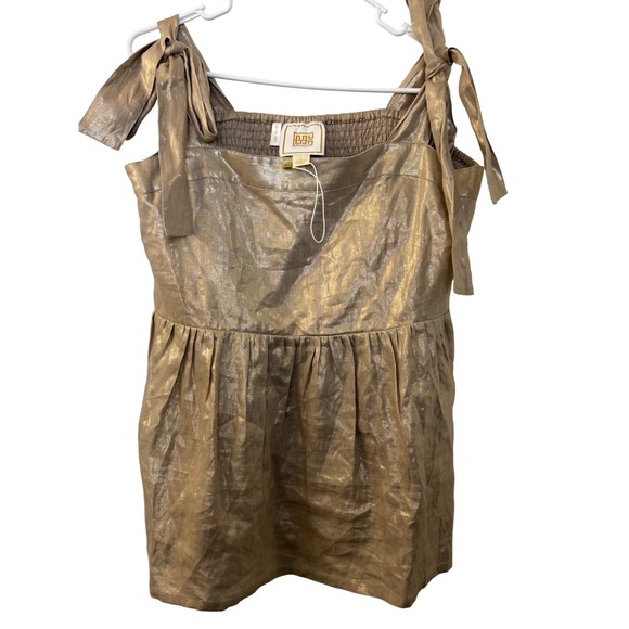 Emily Mccarthy Tops - Emily McCarthy Poppy Top Gold Metallic Linen Smocked Tie Strap Peplum Blouse L
